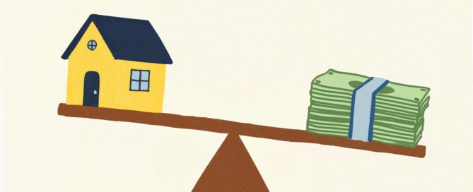 House and money stack on a seesaw illustrating mortgage loan-to-value balance.